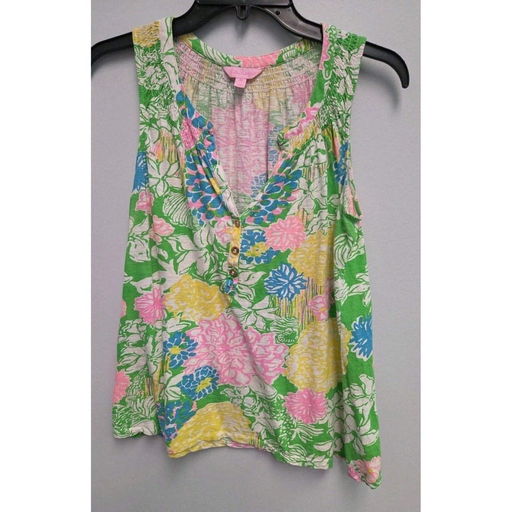 Lilly Pulitzer Essie Hibiscus Stroll Smocked Neck Button Tank Top Womens Medium